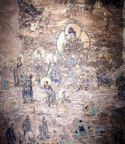 榆林窟第3窟《文殊变图》,本图虽以人物为主,但背景山水占相当地位